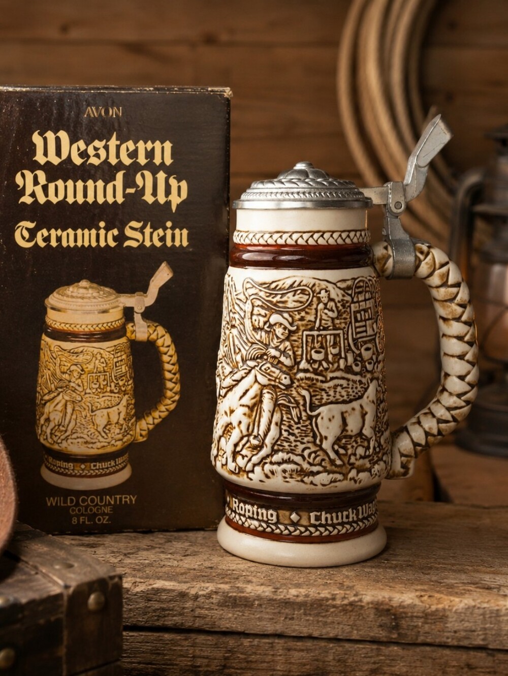 Vintage 1980 Avon Western Round-Up Ceramic Stein Wild Country Cologne Decanter